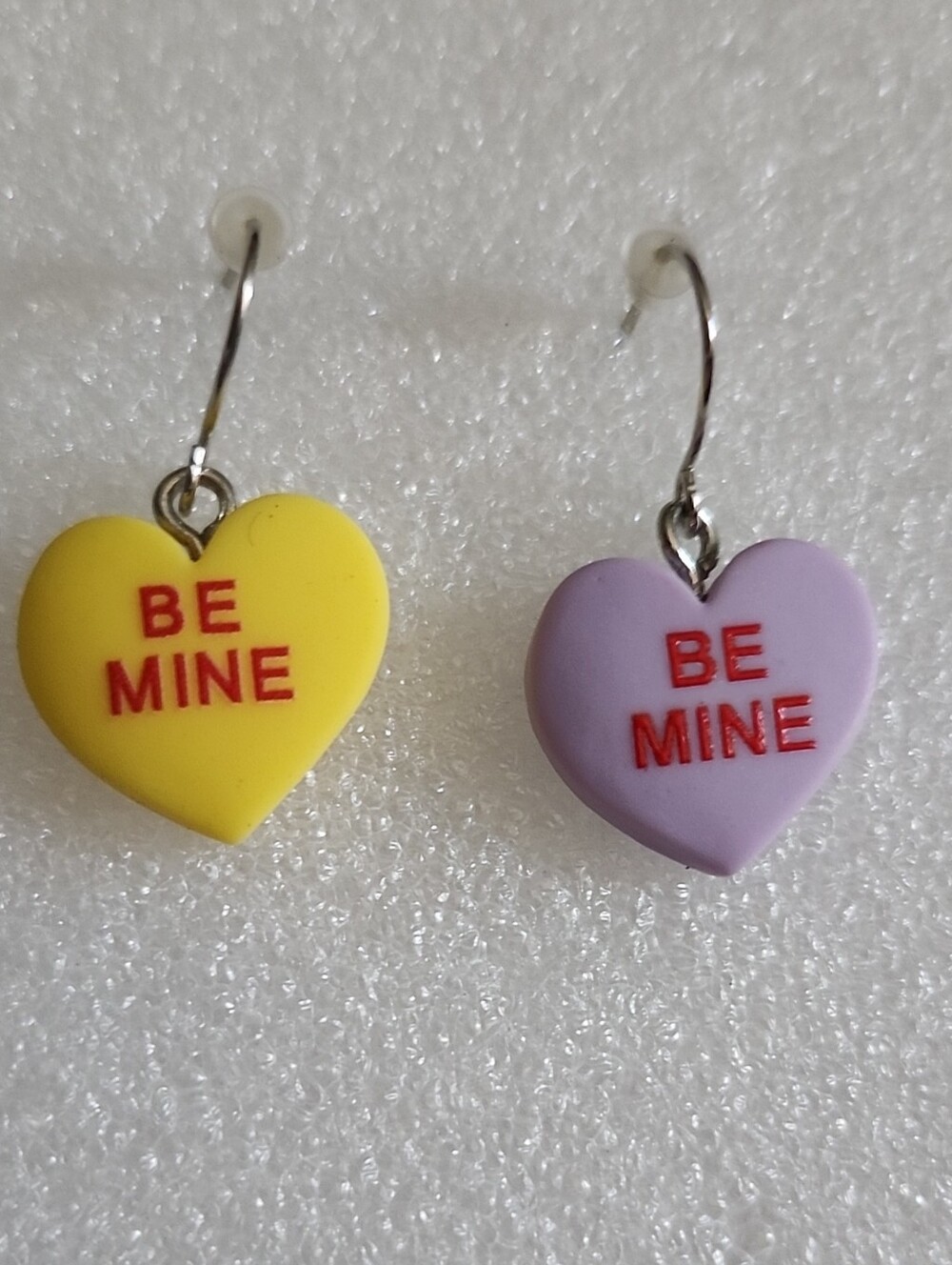 Hand Crafted Two-Tone Heart 'BE MINE' Dangle Earrings - Yellow & Lavender